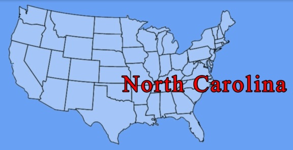 large words "North Carolina" on top of map of the USA